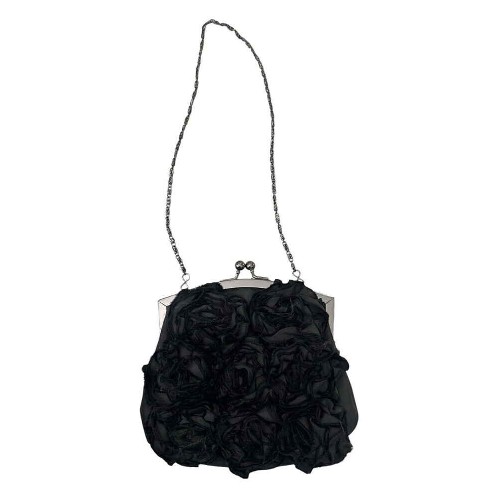 Lulu Townsend Black Rosette Evening Bag Satin Clutch Chain Strap Kiss Lock Purse - Picture 2 of 9